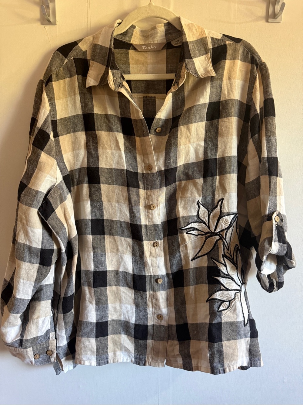 TanJay 20W 100% Linen Buffalo Plaid Embroidered Shirt Plus Size Cottagecore